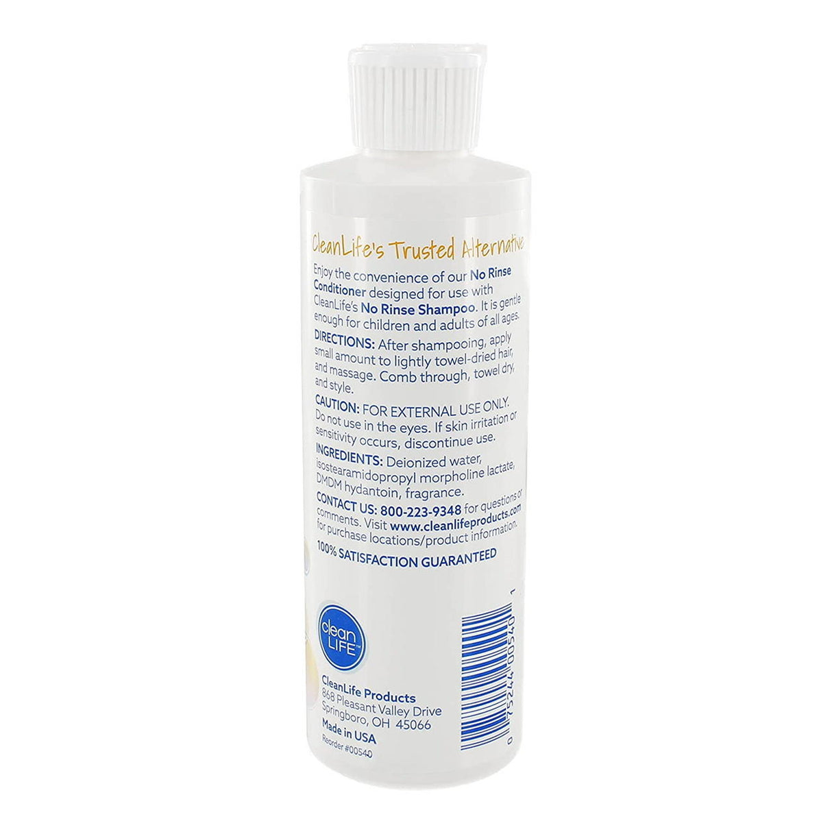 A white bottle of CleanLife No Rinse Conditioner, 8 oz, with a white cap, displays the back label featuring product info, usage directions, tangle-free formula details, ingredients, manufacturer info, and a blue CleanLife logo.