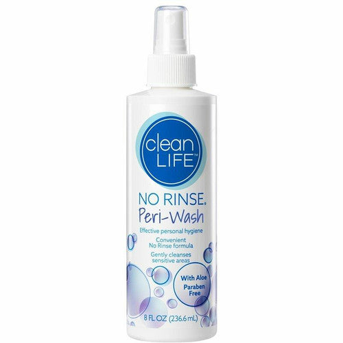 CleanLife No Rinse Peri Wash, 8 oz, is an alcohol- and paraben-free cleanser with aloe for gentle, rinse-free cleansing of sensitive areas. Comes in a spray bottle with a blue label.