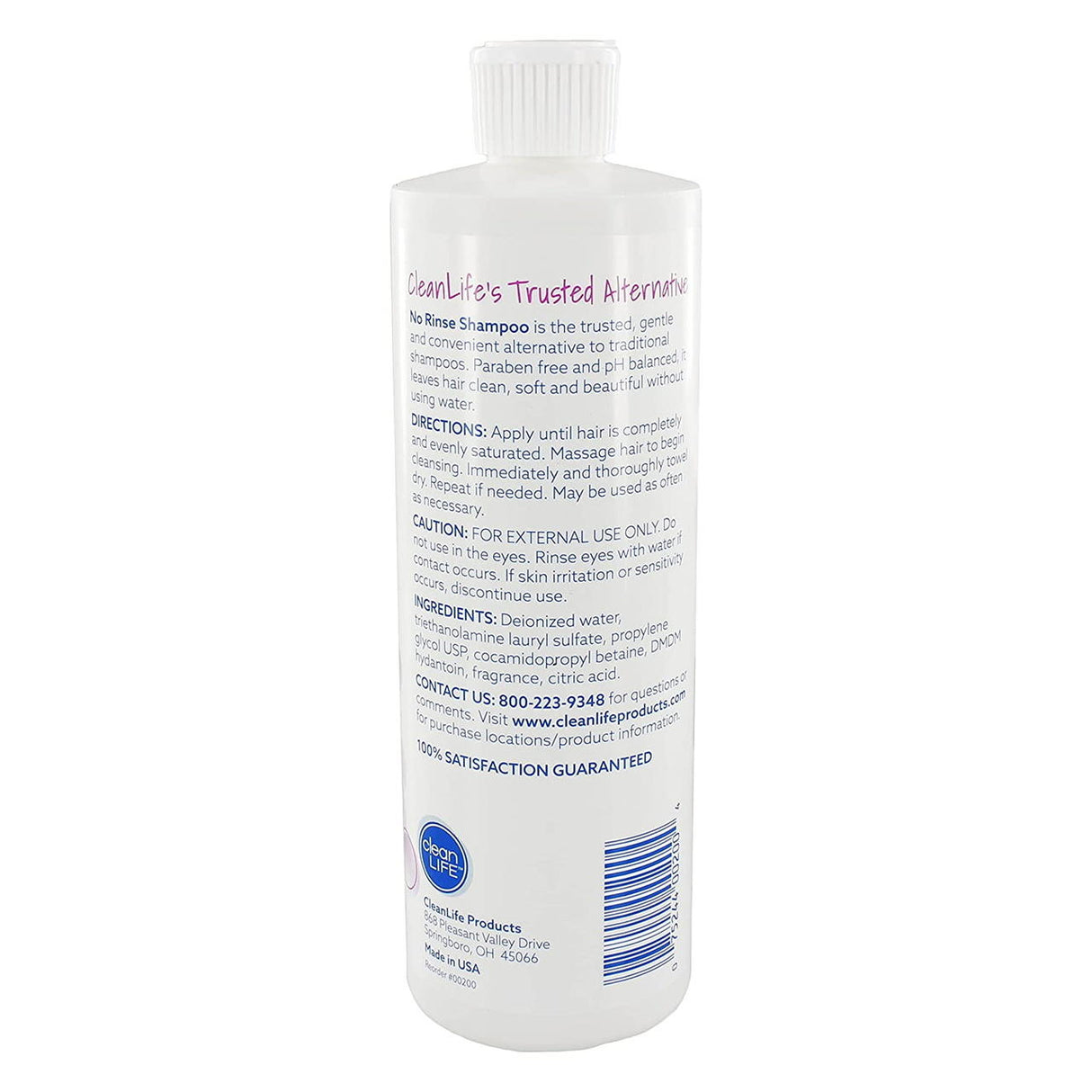 A 16 oz white bottle of CleanLife No Rinse Shampoo, a pH-balanced dry shampoo by CleanLife, shown from the back with directions, caution, ingredients, contact info, and guarantee details in purple and blue text.