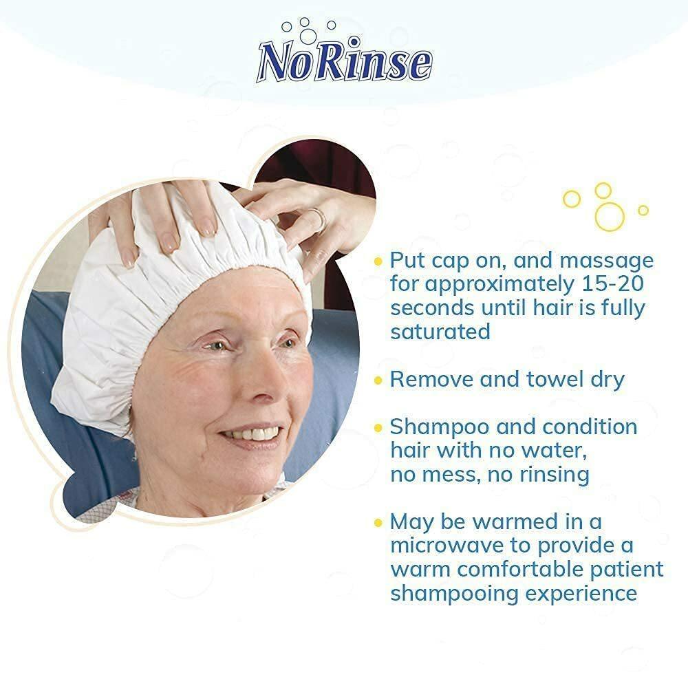 An older woman smiles as someone massages her head through a white cap. CleanLife No Rinse Shampoo Cap by CleanLife provides waterless, no-rinse shampoo and conditioner—ideal for easy, mess-free hair care.