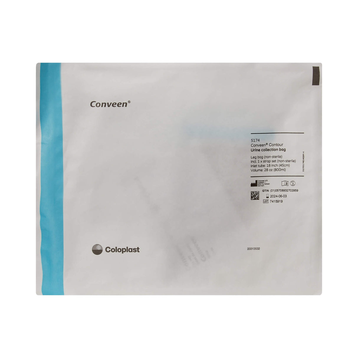 Coloplast Conveen Contour Urinary Leg Bag, Anti-Reflux Valve, Polyethylene/Flocked, 800mL - 5174-Single - LL Medico