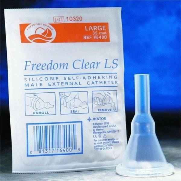 A Coloplast Freedom Clear LS Male External Catheter with Kink Resistant Nozzle, Silicone, sits beside its clear self-adhering sheath. The latex-free catheter includes instructions: unroll, seal, remove; details in blue and orange text.