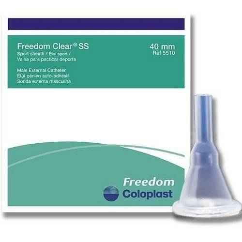 Box labeled Coloplast Freedom Clear SS Male External Catheter with Kink Resistant Nozzle, Silicone, beside a transparent silicone sheath. The latex-free packaging features green and white sections with blue text.
