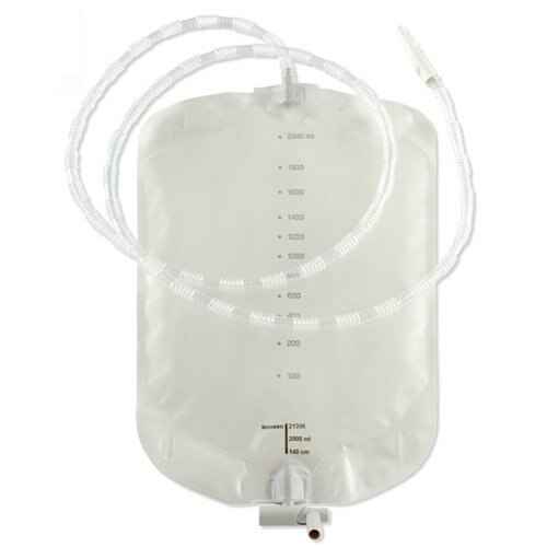 The Coloplast Moveen Nighttime Urine Bag by Coloplast is a transparent 2000ml collection bag with measurement markings, flexible anti-kink tubing, and an end connector. The empty bag is shown against a white background.
