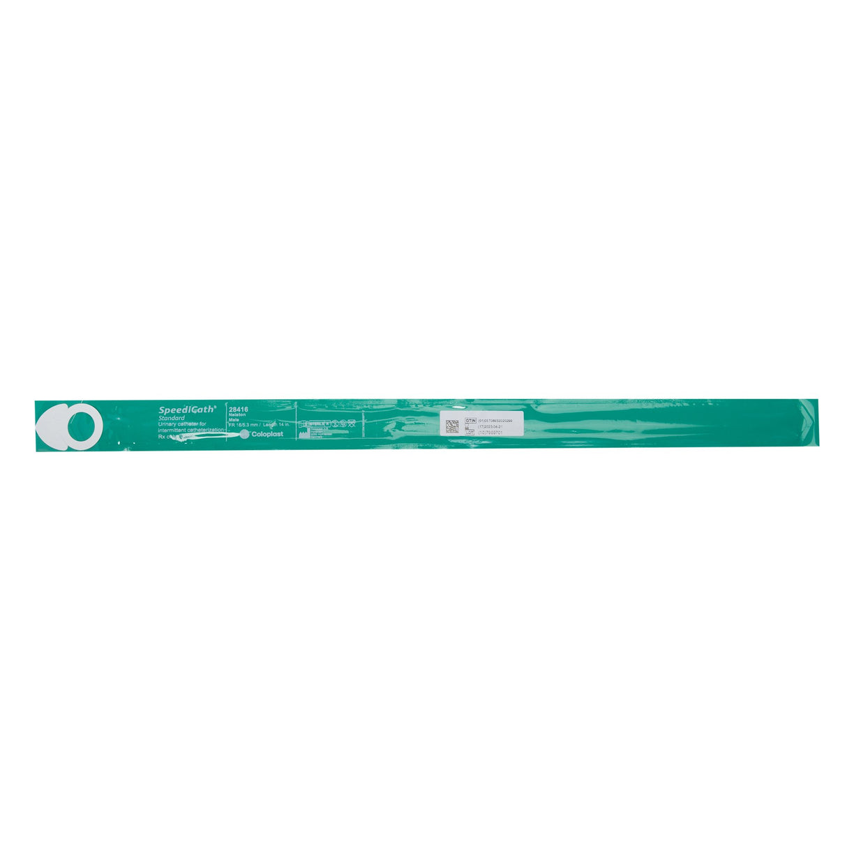 A green rectangular Coloplast SpeediCath Hydrophilic Intermittent Catheter package for men and women is shown against a white background.