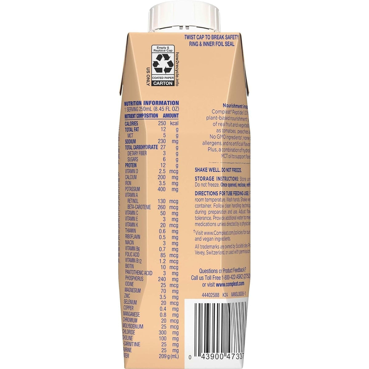 Compleat Peptide Tube Feeding Formula, Plant Based, Vegetable Fruit Medley, 250 mL - 00043900836065-Single - LL Medico