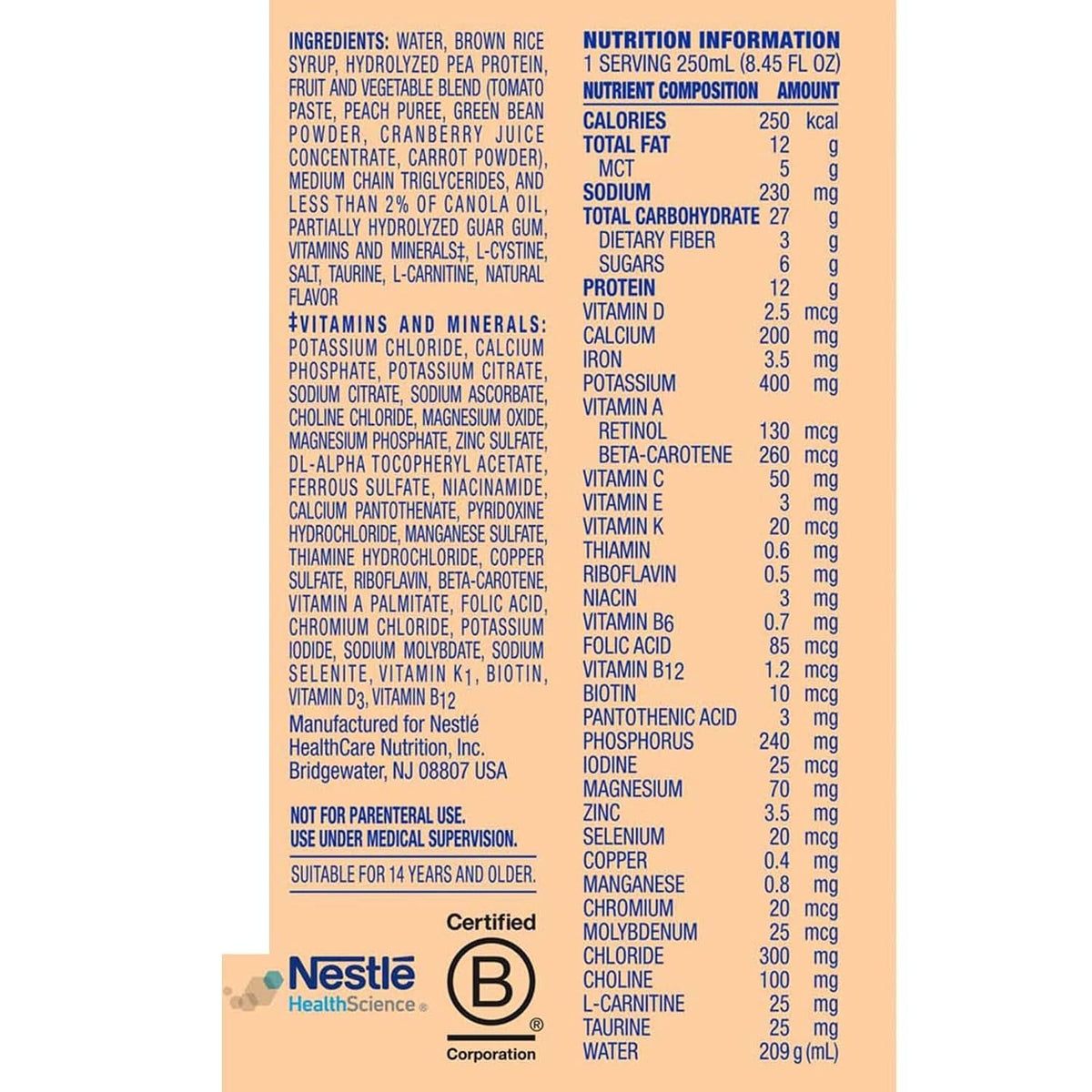 Compleat Peptide Tube Feeding Formula, Plant Based, Vegetable Fruit Medley, 250 mL - 00043900836065-Single - LL Medico