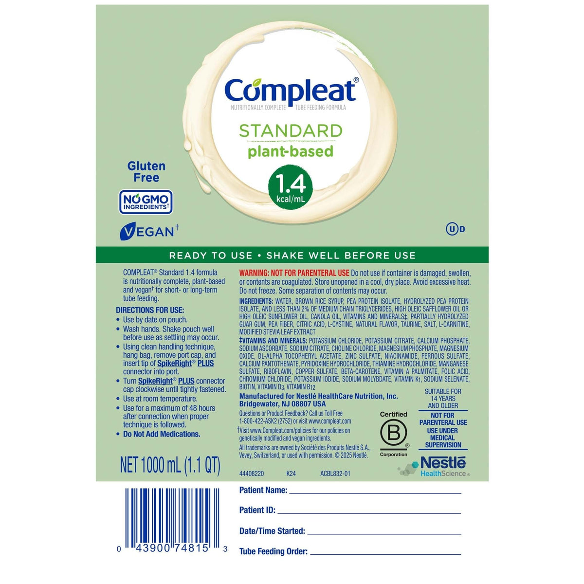 Compleat Standard 1.4 Cal Tube Feeding Formula, Vanilla, 1000 mL - 00043900349275-Single - LL Medico
