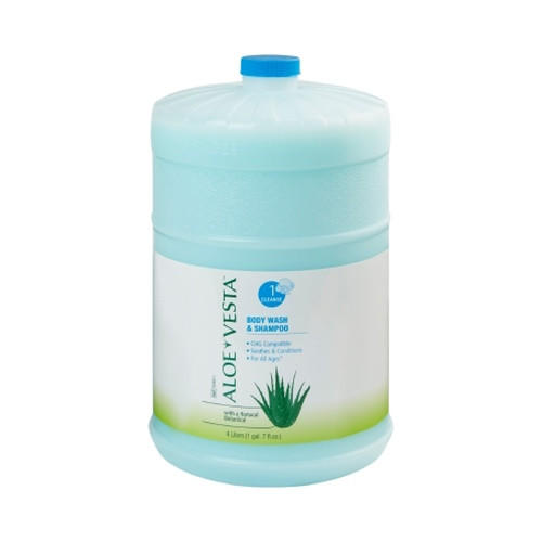 A large, light blue 1-gallon ConvaTec Aloe Vesta Body Wash & Shampoo with a blue cap. The label has green text and an aloe vera image. This gentle cleanser moisturizes skin and provides effective no-rinse bathing.