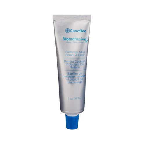 A 2 oz tube of ConvaTec Stomahesive Protective Skin Barrier Paste, featuring blue text and cap on a silver tube.