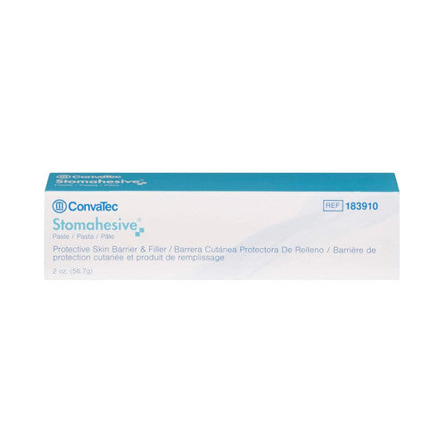 A white and blue box of ConvaTec Stomahesive Protective Skin Barrier Paste, 2 oz tube, Ref #183910.