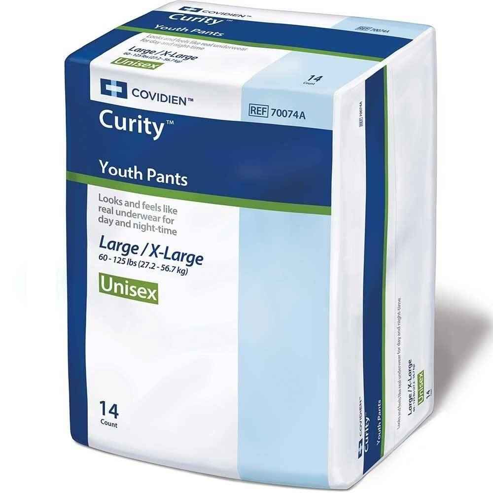 A 14-count package of Covidien Curity Youth Pants, unisex, size Large/X-Large (60–125 lbs). Designed for leak protection and overnight use, the white pack has blue/green accents and features the Covidien logo.