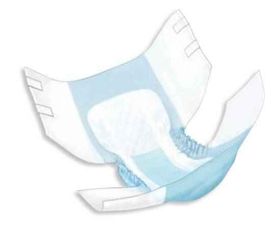 The Cardinal Health Wings Extra Quilted Adult Briefs, Moderate, are open disposable briefs with adhesive tabs, elastic leg cuffs, odor control, and an absorbent polymer core, shown from above on a white background.