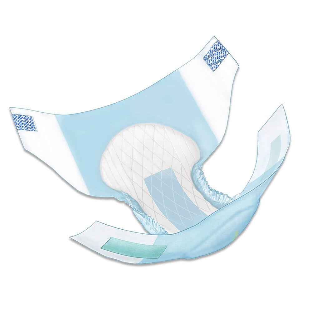 The Covidien Wings Hook & Loop Quilted Adult Briefs, Heavy Absorbency (Plus), by Covidien, are light blue and white adult briefs with super absorbent protection and hook & loop tabs, shown open and angled on a white background.