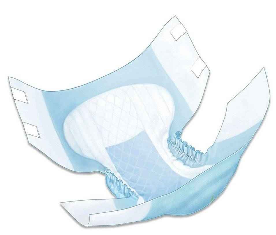 The Cardinal Health Wings Quilted Adult Briefs, Overnight, are disposable adult diapers with adhesive tabs. Shown open and flat, they feature a white inner lining with blue accents and elastic leg gathers for maximum absorbency.