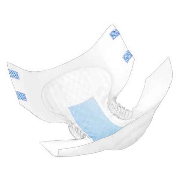 The Cardinal Health Wings Quilted Adult Briefs, Super feature a blue super-absorbent core, elastic leg cuffs, and blue adhesive tabs for secure fastening.