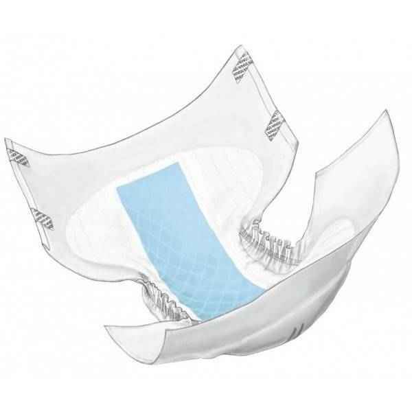 Illustration of Cardinal Health Quilted Adult Briefs Wings Ultra Truly Breathable, Extra Heavy disposable adult diaper with elastic leg cuffs, adhesive tabs, and blue super absorbent core for extra heavy incontinence protection.