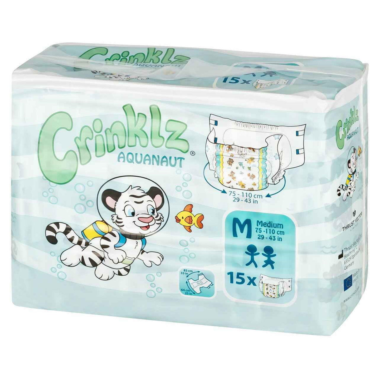 Crinklz Printed Adult Diapers w/ Plastic Backing, Aquanaut Print by Crinklz feature an aquatic-themed cartoon tiger and fish. Each pack contains 15 maximum absorbency diapers for 29-43 inch waists with colorful illustrated designs.