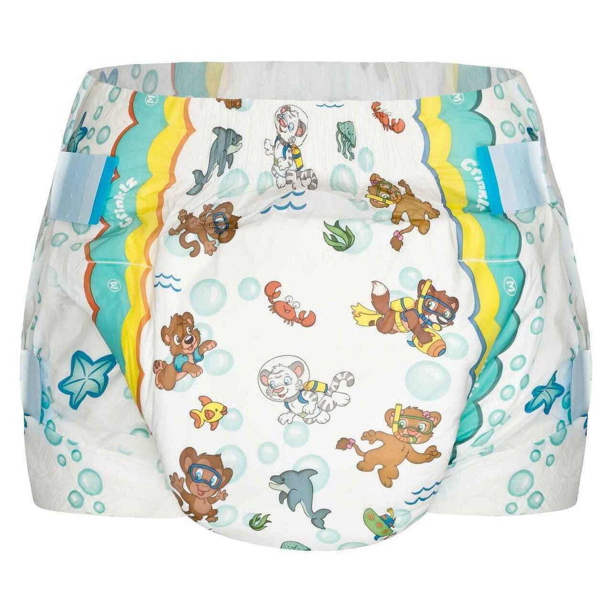 Crinklz Printed Adult Diapers w/ Plastic Backing in Aquanaut Print feature colorful cartoon animals and sea creatures in blue, yellow, green, and orange with maximum absorbency for comfort. Brand: Crinklz.