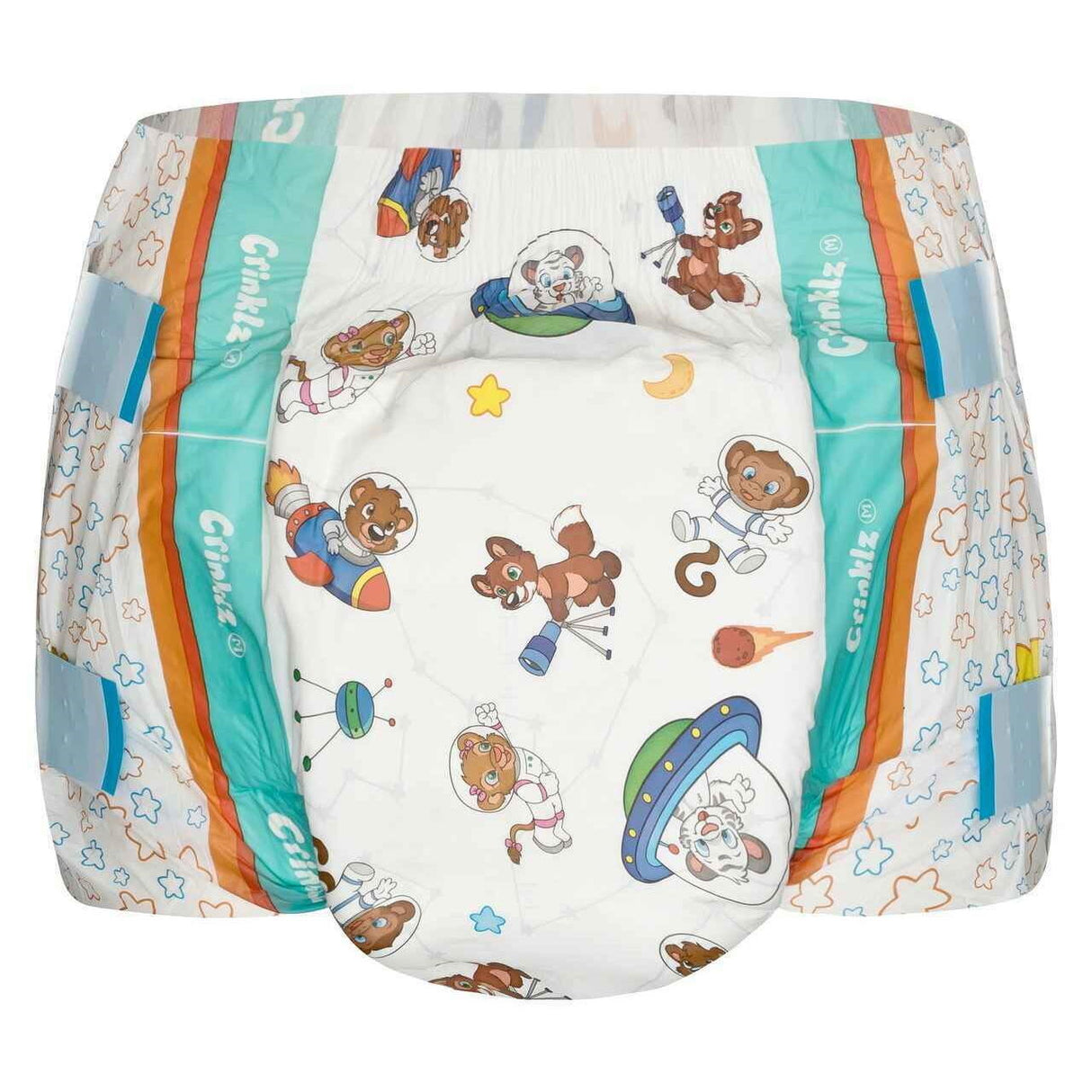Crinklz Printed Adult Diapers w/ Plastic Backing, Astronaut Print by Crinklz feature playful cartoon animals in astronaut gear, rockets, stars, and planets on a white background with teal and orange stripes for overnight absorbent protection.
