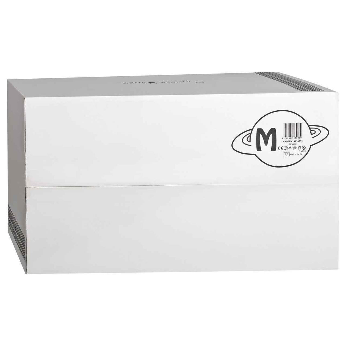 A large, plain white box with a black circular logo featuring “M” and a barcode, resembling a planet, is perfect for storing Crinklz Printed Adult Diapers w/ Plastic Backing in the Astronaut Print by Crinklz.