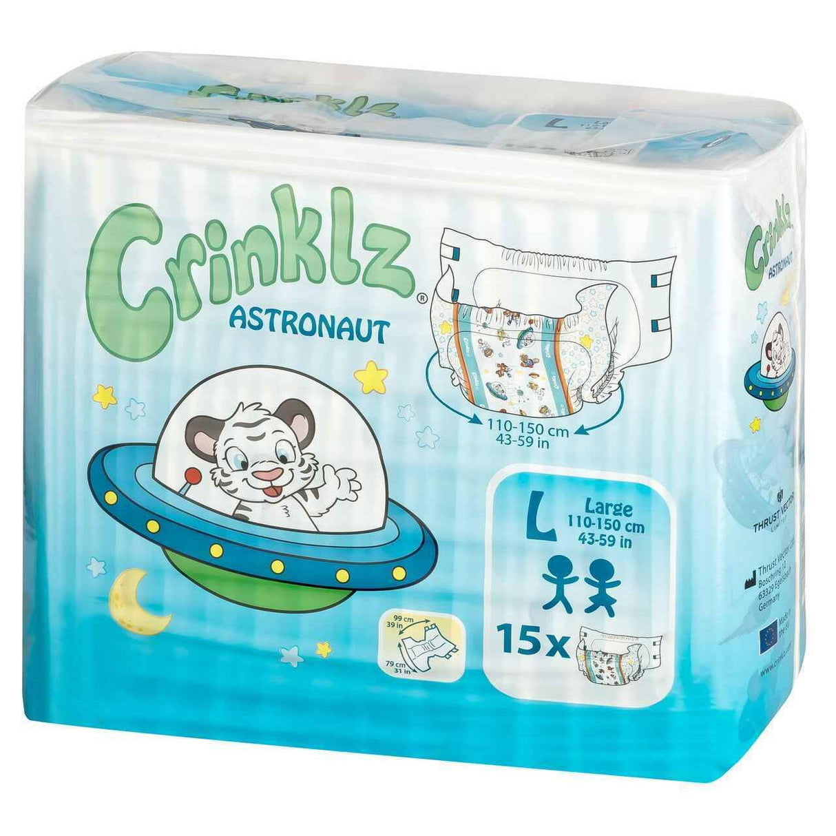 A pack of Crinklz Printed Adult Diapers w/ Plastic Backing, Astronaut Print (size large, 110-150 cm/43-59 in), features 15 overnight absorbent adult diapers with space-themed cartoon animal designs.