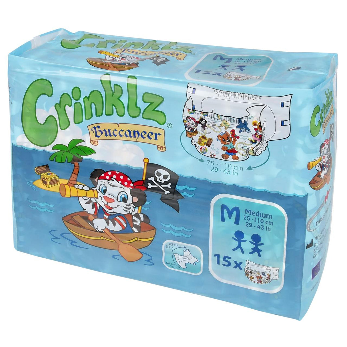 A blue pack of Crinklz Printed Adult Diapers w/ Plastic Backing, Buccaneer Print—size M (15 count, 75–110 cm waist)—features pirate-themed prints with a cartoon pirate animal and treasure map. Brand: Crinklz.