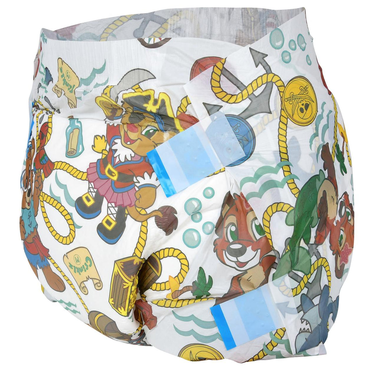 Crinklz Printed Adult Diapers w/ Plastic Backing, Buccaneer Print by Crinklz feature playful cartoon animal pirates, treasure chests, coins, ropes, blue adhesive tabs, and offer overnight absorbency with colorful comfort.