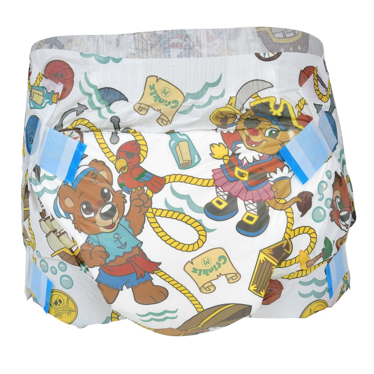 Crinklz Printed Adult Diapers with Plastic Backing, Buccaneer Print, feature colorful cartoon pirate bears, treasure maps, ropes, gold coins, and nautical items. Blue tape fasteners are on the sides. Brand: Crinklz.