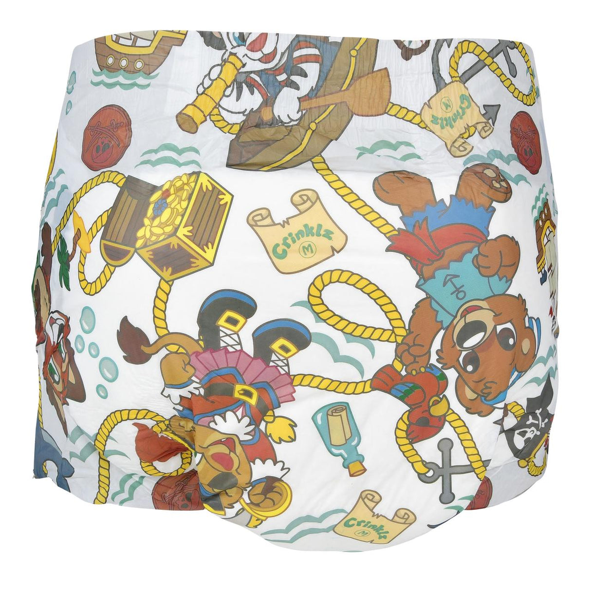 Crinklz Printed Adult Diapers w/ Plastic Backing, Buccaneer Print, feature playful pirate bears and ducks with treasure-themed designs on a nautical background, offering colorful style and reliable protection for adults.