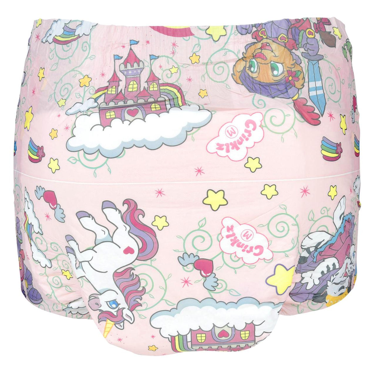 The Crinklz Printed Adult Diapers w/ Plastic Backing, Fairy Tale Print by Crinklz features pastel pink color with cartoon unicorns, stars, clouds, castles, and rainbows. This whimsical diaper offers comfortable plastic backing and overnight absorbent protection.