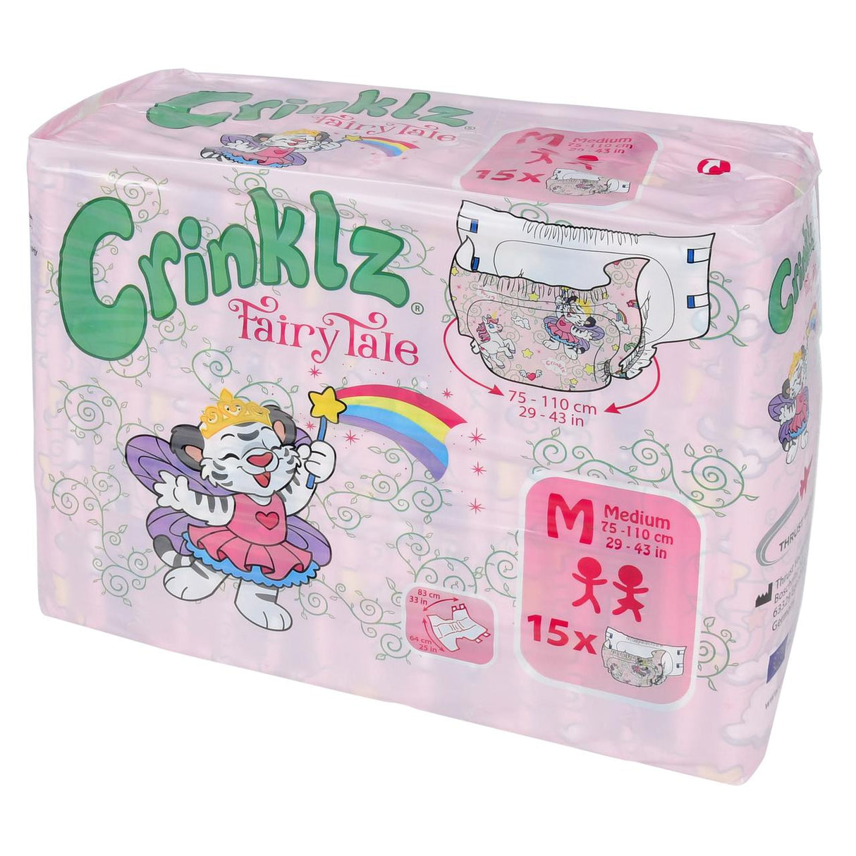 Crinklz Printed Adult Diapers w/ Plastic Backing, Fairy Tale Print (Medium, 75-110 cm), feature cute fairy tale animals on a pink pack. Each bag contains 15 overnight absorbent diapers by Crinklz.