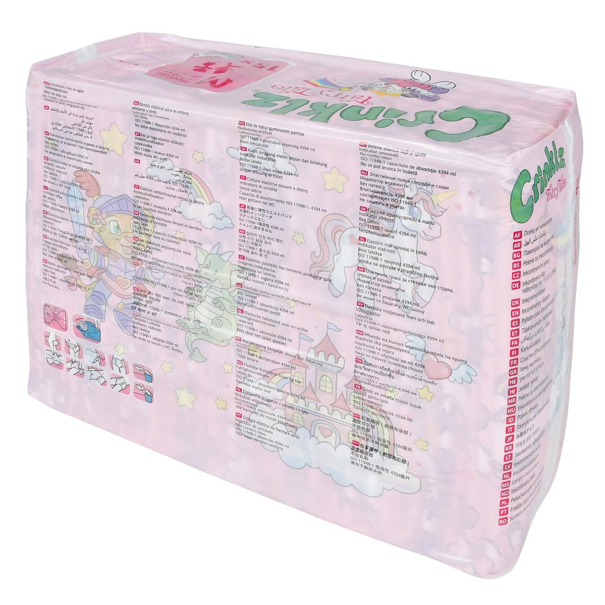Crinklz Printed Adult Diapers w/ Plastic Backing, Fairy Tale Print, come in pink packaging with colorful cartoon characters, clouds, and a castle. These overnight absorbent diapers display product info in several languages on the back.