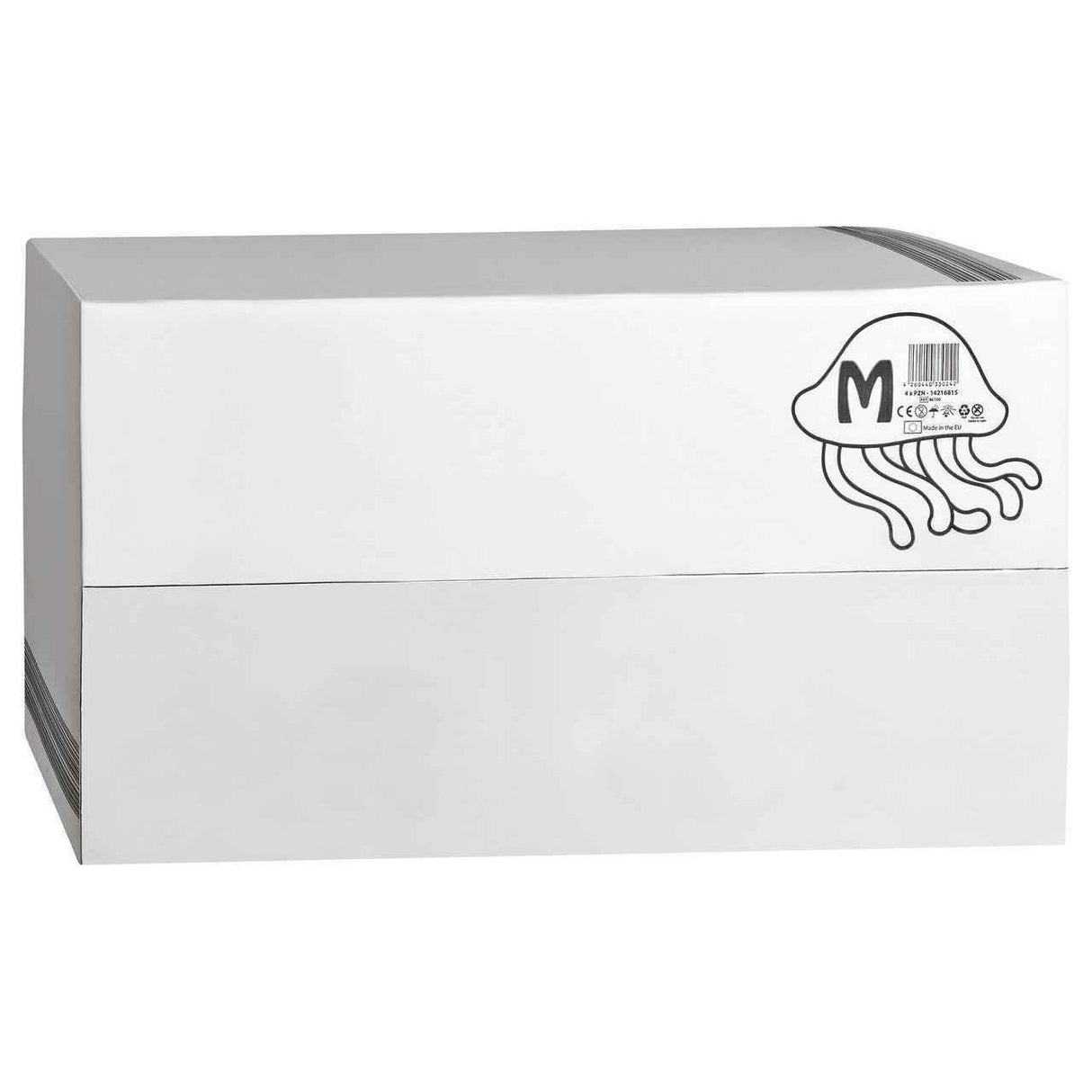 A plain white rectangular box with a barcode and a simple jellyfish illustration labeled M on the upper right, designed for Crinklz Printed Adult Diapers w/ Plastic Backing, Fairy Tale Print—absorbent overnight adult diapers by Crinklz.