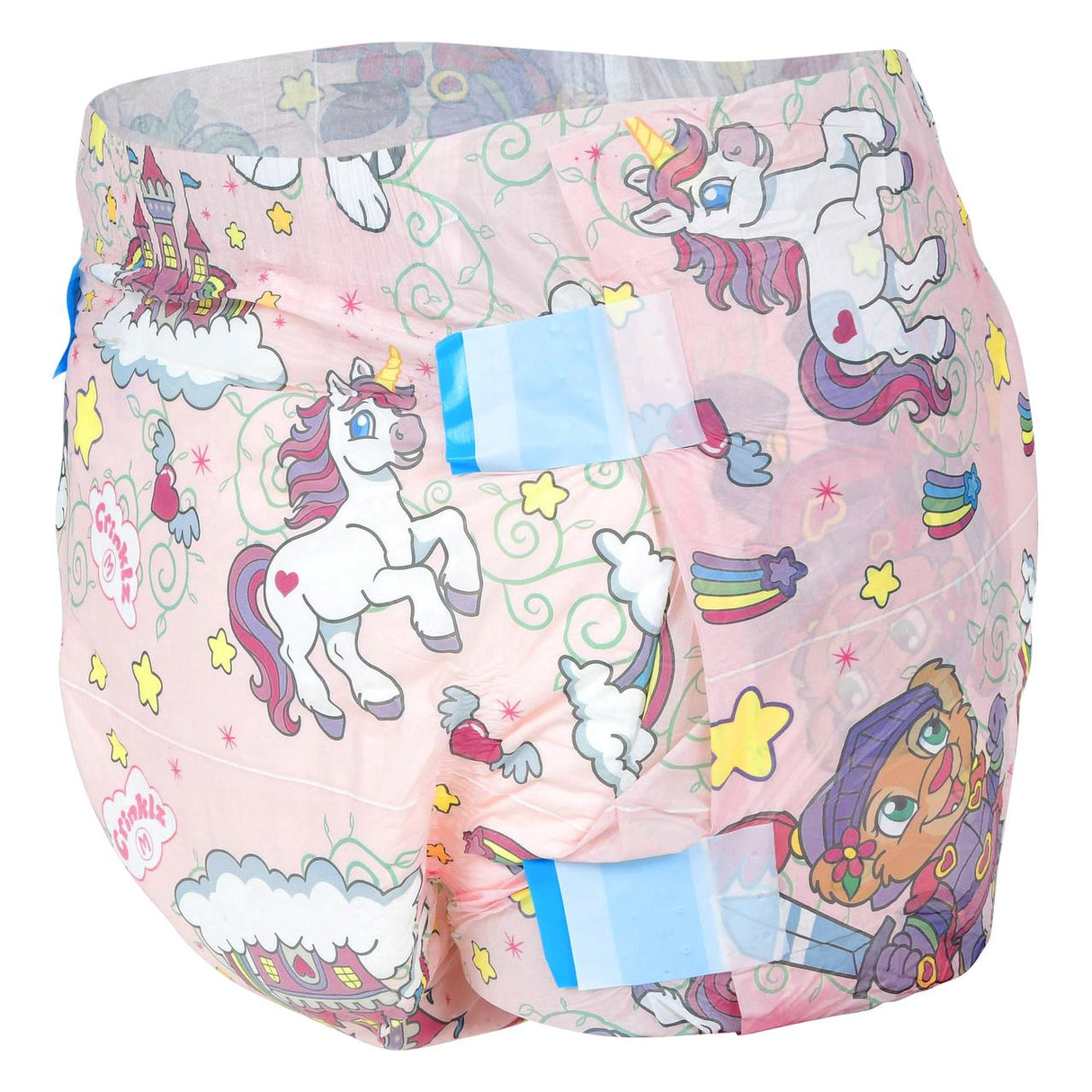 The Crinklz Printed Adult Diapers w/ Plastic Backing, Fairy Tale Print by Crinklz feature a pink design with cartoon unicorns, rainbows, stars, clouds, and have two blue adhesive tabs per side for fastening.