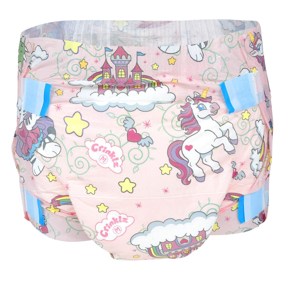 The Crinklz Printed Adult Diapers w/ Plastic Backing, Fairy Tale Print by Crinklz features unicorns, castles on clouds, rainbows, stars, and hearts. Blue tapes secure the diaper and Crinklz is printed on the front.