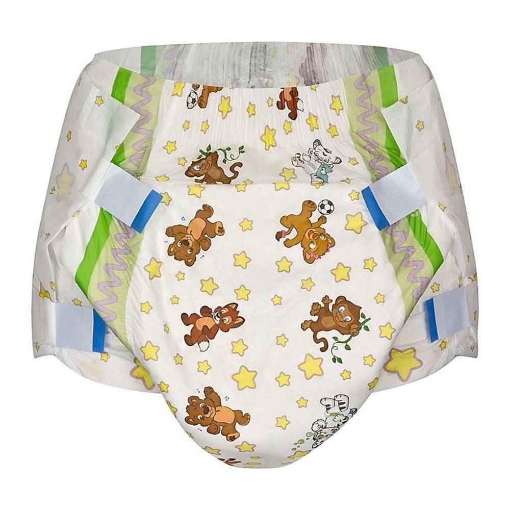 The Crinklz Printed Adult Diapers w/ Plastic Backing, Original Print by Crinklz feature colorful cartoon bears, stars, and moons with blue and green tapes for a child-friendly look and maximum overnight absorbency.
