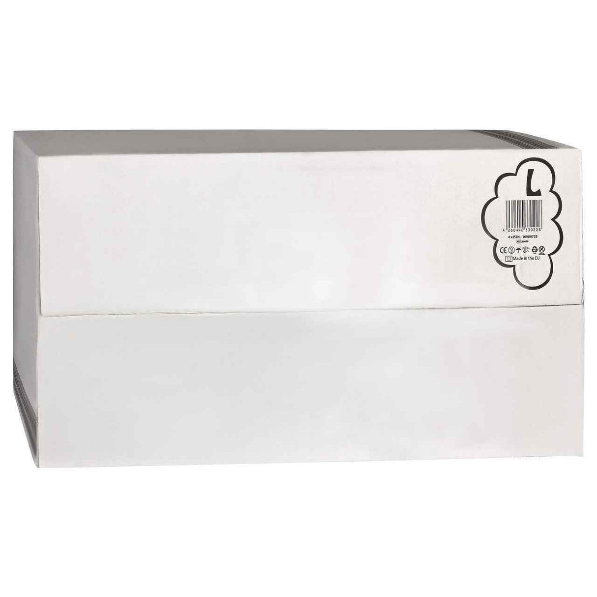 A plain white rectangular box with a sticker showing a cloud shape, the letter L, barcode, certifications, and Crinklz Printed Adult Diapers w/ Plastic Backing, Original Print by Crinklz, indicating overnight absorbency for adults.