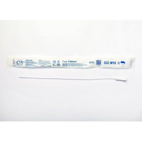The image shows a sterile, single-use Cure Medical Straight Tip Uncoated PVC Urethral Catheter for males with a grip on one end, displayed above its packaging that features product info and instructions.