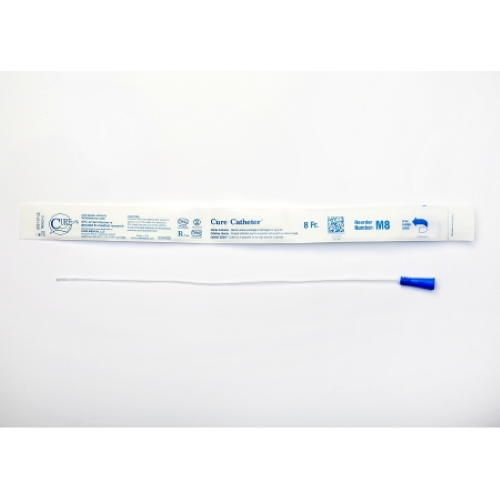 A Cure Medical Straight Tip Uncoated PVC Urethral Catheter for males is displayed below its white packaging with blue text labeled Cure Catheter. This catheter does not have a hydrophilic coating.