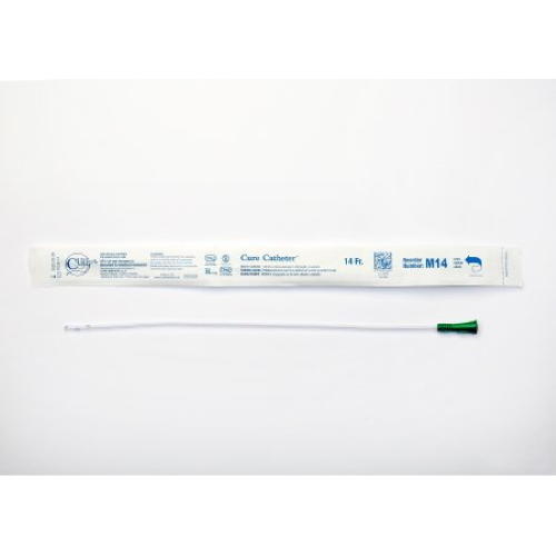 A Cure Medical Cure Straight Tip Uncoated PVC Urethral Catheter, Male, with a green connector and size 14 FR, is displayed next to its white packaging on a plain white background.