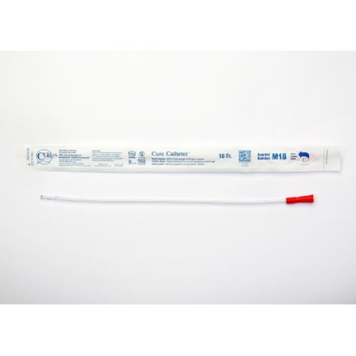 A Cure Medical Straight Tip Uncoated PVC Urethral Catheter for males is shown unused next to its packaging labeled with product details. The white, straight catheter is not coated and displays the Cure Medical brand.