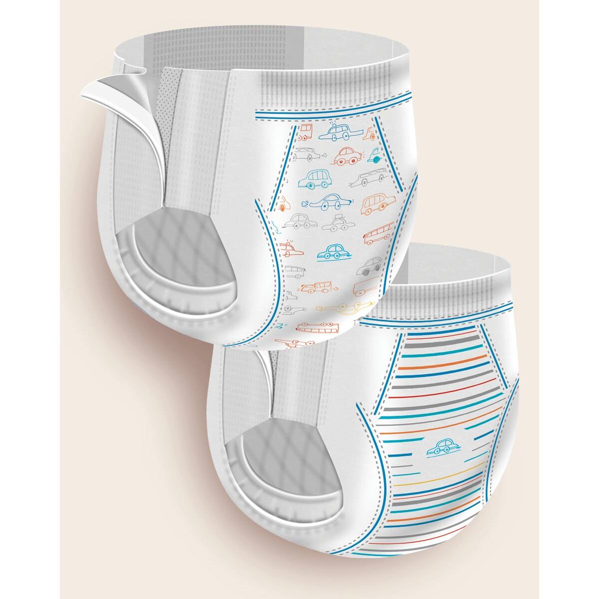 First Quality Cutie Training Pants for boys (2T/3T): one features blue and orange cars, trucks, and planes; the other has blue, orange, and yellow stripes with a small blue car. Both have a gentle hypoallergenic liner for comfort.