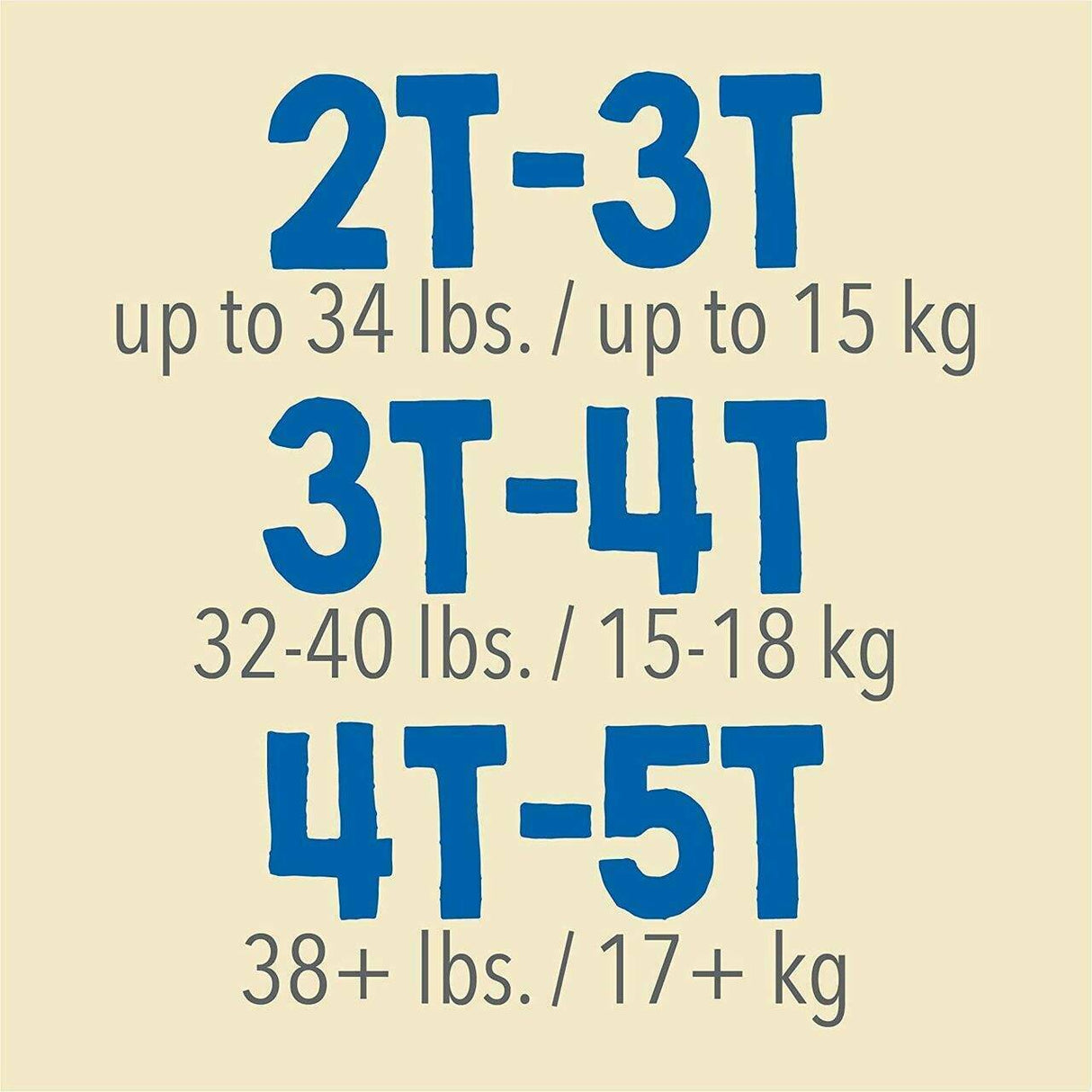 A blue-on-beige graphic for First Quality Cutie Training Pants, Boys, 3T/4T, shows sizes: 2T-3T (up to 34 lbs/15 kg), 3T-4T (32-40 lbs/15-18 kg), and 4T-5T (38+ lbs/17+ kg)—ideal for easy leak protection reference.