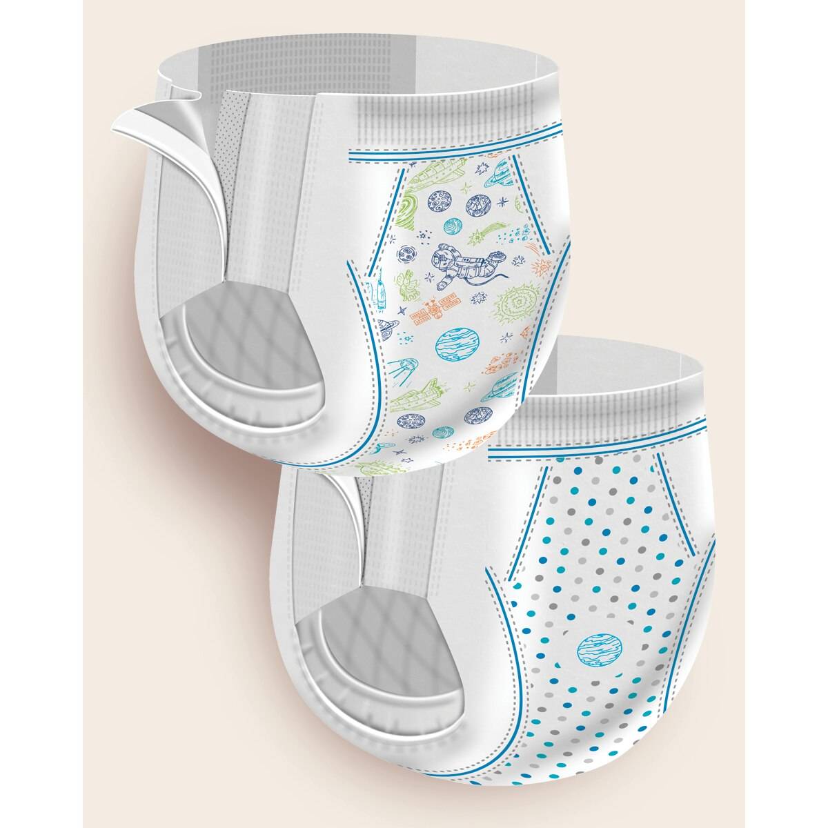 First Quality Cutie Training Pants for Boys 3T/4T: Set of 2 with blue trim—one with planets, rockets, and stars; one with blue and teal polka dots. Both feature leak protection, stretchy waistbands, Velcro sides, and a hypoallergenic liner.