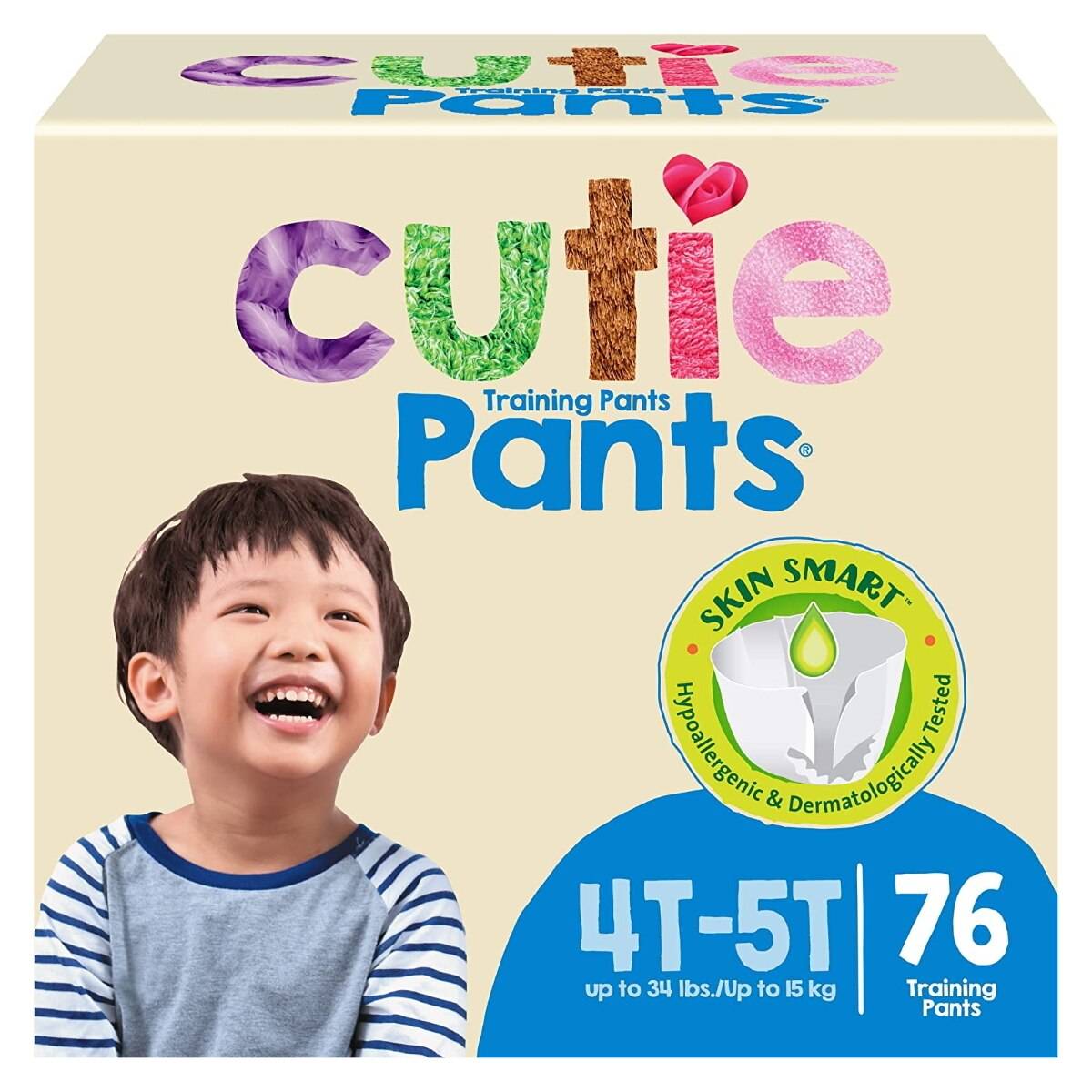 A box of First Quality Cutie Training Pants for boys, size 4T/5T, contains 76 pants. The packaging shows a smiling boy and highlights Skin Smart hypoallergenic liner with advanced leak protection.