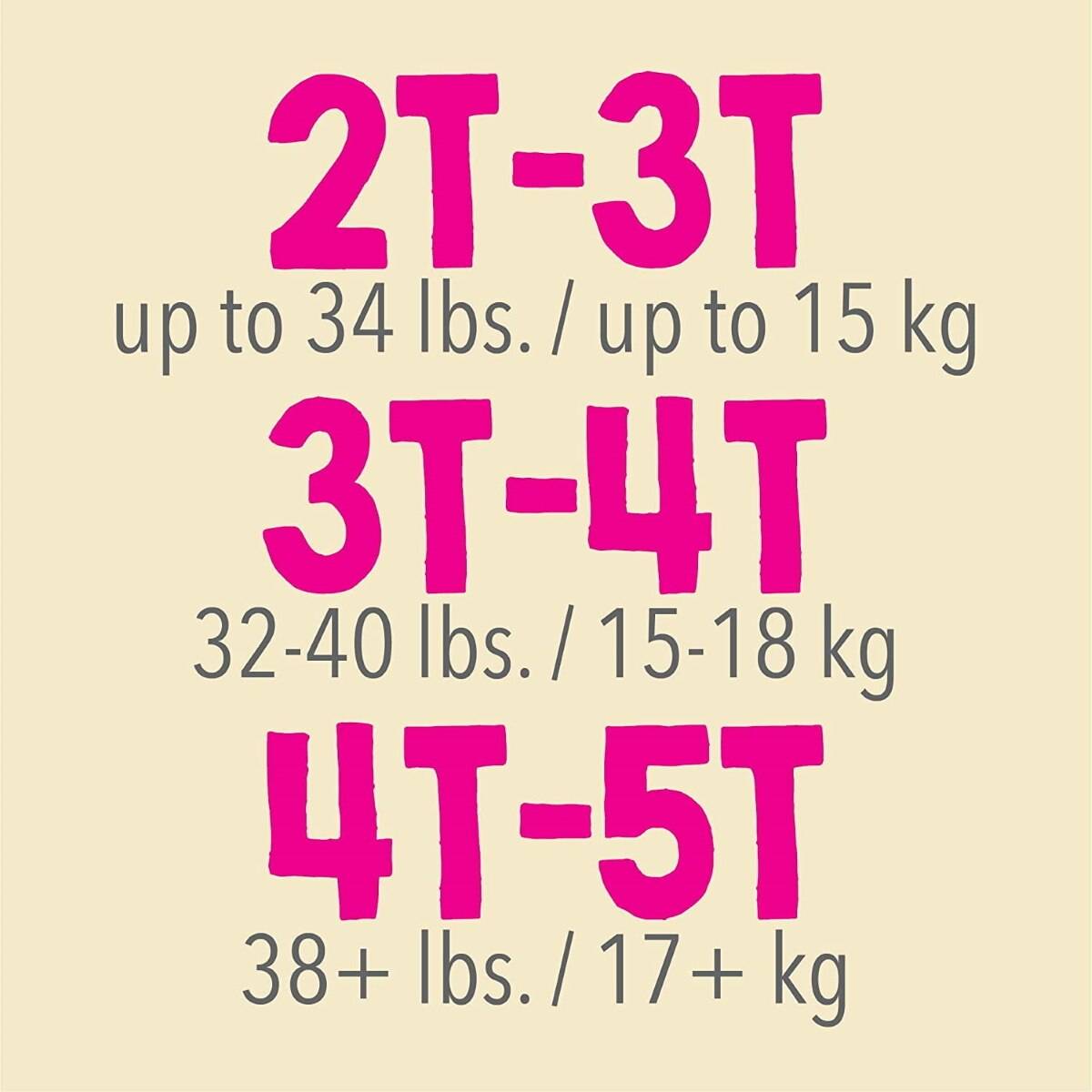 The graphic shows First Quality Cutie Training Pants, Girls, 2T/3T sizes for potty training: 2T-3T (up to 34 lbs/15 kg), 3T-4T (32-40 lbs/15-18 kg), and 4T-5T (38+ lbs/17+ kg) with weights in pounds and kilograms.