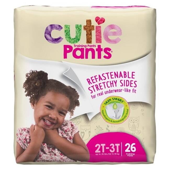 First Quality Cutie Training Pants for girls, size 2T/3T (18-34 lbs), come in a pack of 26 with refastenable stretchy sides, hypoallergenic liner, and Skin Smart seal—perfect for potty training.