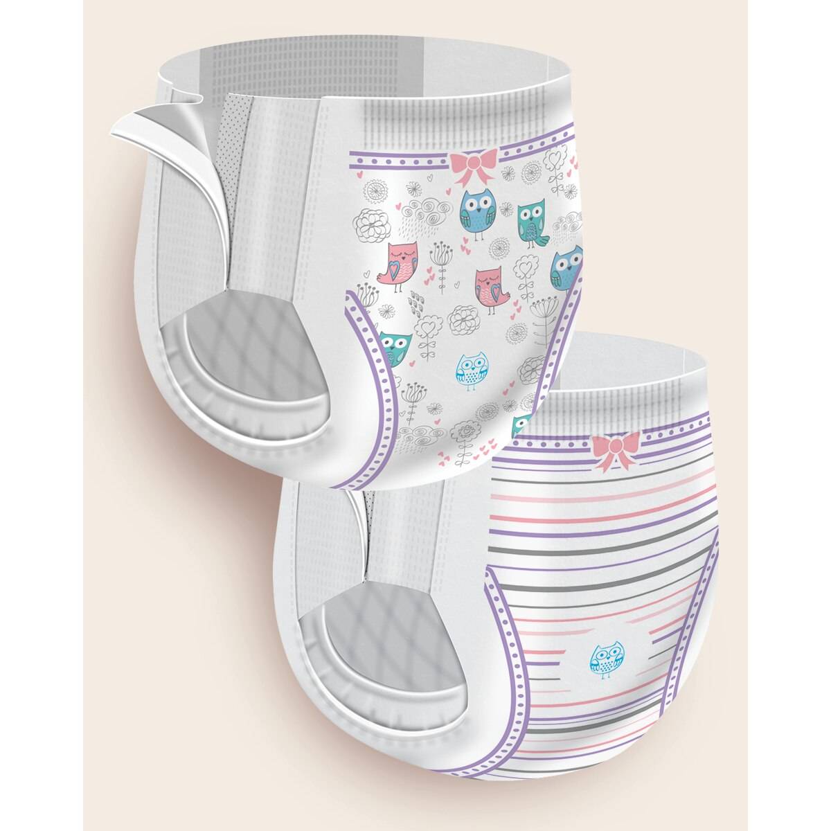 The image shows First Quality Cutie Training Pants for Girls 2T/3T—one with colorful owls, flowers, and hearts; the other with pastel stripes and a small owl. Both have elastic waistbands and hypoallergenic liners for gentle potty training.