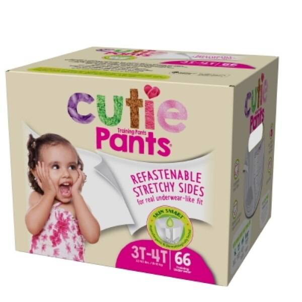 A box of First Quality Cutie Training Pants, Girls, 3T/4T (32-40 lbs), features a smiling toddler on front, hypoallergenic liner, refastenable stretchy sides, and includes 66 pants for customized protection.